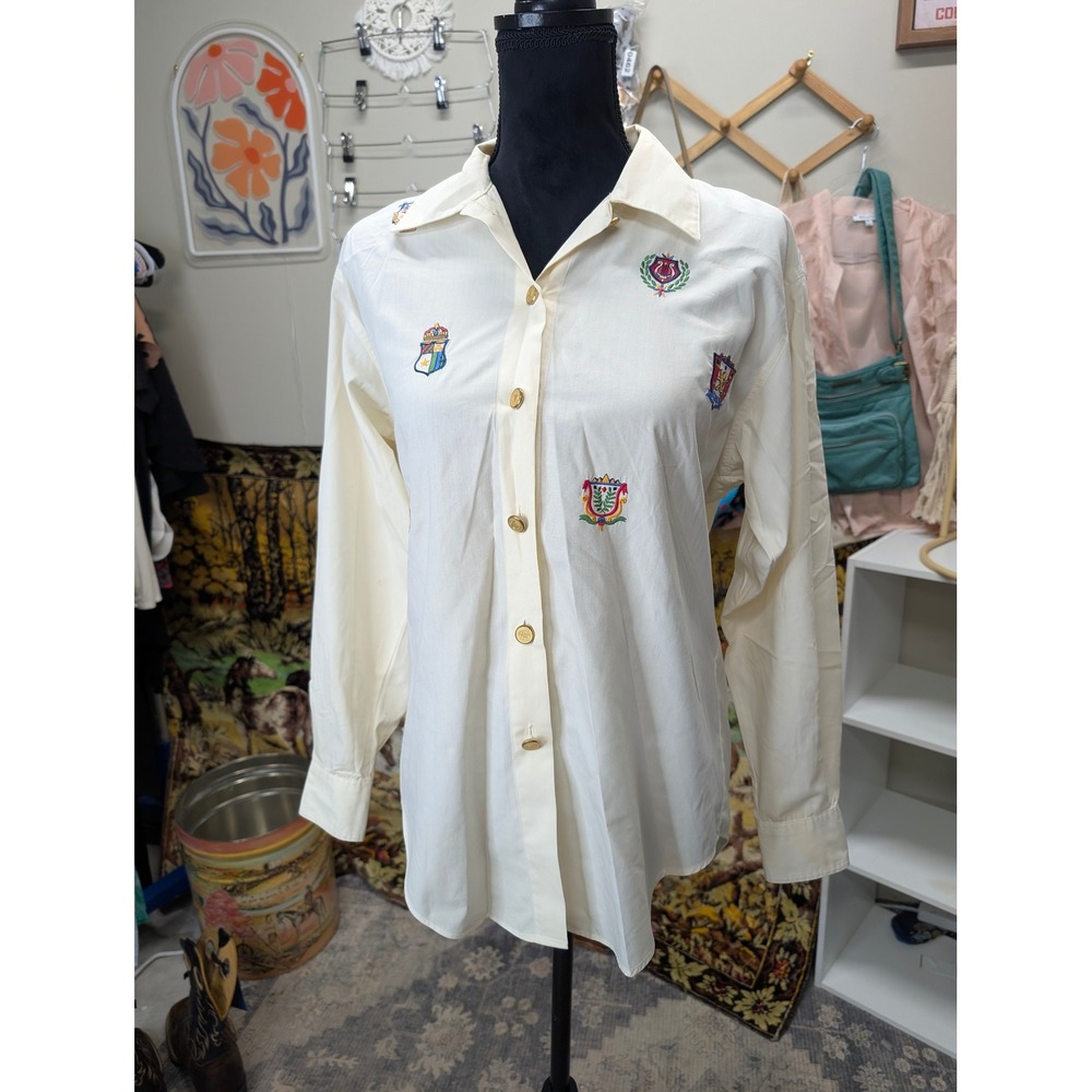 Vintage Pendleton Sophisticates Crest Embroidered Button Down Shirt Cream Gold L